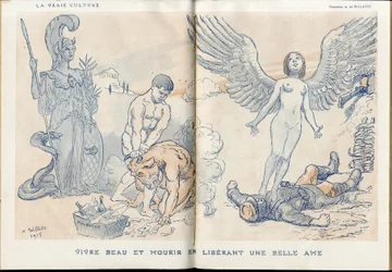 Illustration of Adolphe dit Willette (1857-1926) in Fantasio, 01/05/15 - Living beautiful and dying by releasing a beautiful soul - War of 14-18, Dead corpses, Barbary/Kultur, Jam of Skull - Soldiers