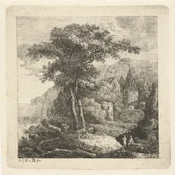 Mountainous Landscape with Trees, Castle, and Two Figures