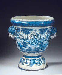 Large Delft blue and white mythological garden urn in the Baroque style