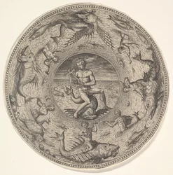 Arion on a Dolphin Surrounded by a Border Decorated with Sea Creatures