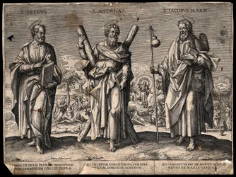 Saint Peter the Apostle, Saint Andrew the Apostle and Saint James the Great. Engraving.