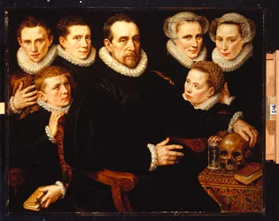 A Group Portrait of a Gentleman Aged 57, seated three-quarter length, by a Table with a Skull, an Hourglass and a Book, with his Three Daughters, Aged 30, 23 and 12, and his Three Sons, Aged 19, 18 and 14