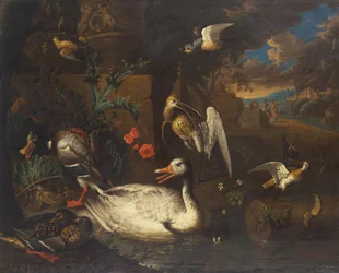 Wild Fowl in a Landscape and Figures