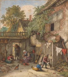 Courtyard with a Woman Cleaning Mussels