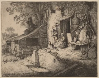 Farmstead with a Peasant Family Outside the Front Door, the Woman Spinning
