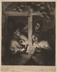 Four Men at a Window, One Reading from a Sheet by Candlelight