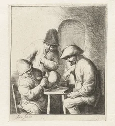 Man Looking into an Empty Jug, Two Men Watching