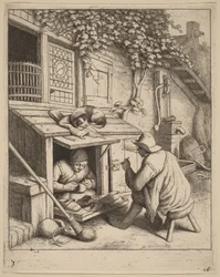 Smoker on a Stool Conversing with a Cobbler at Work