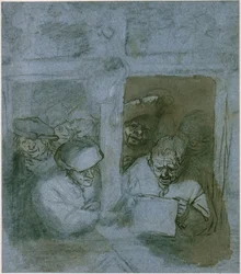 Singer sight-reading and bystanders at a window in a church, nocturnal scene