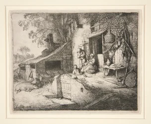 Woman Spinning at a Cottage Door