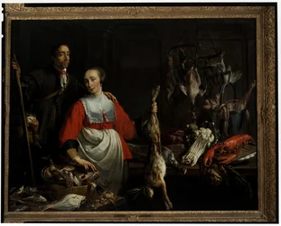 A Gamekeeper with a Punt Gun and a Maidservant Holding Up a Dead Hare in a Larder