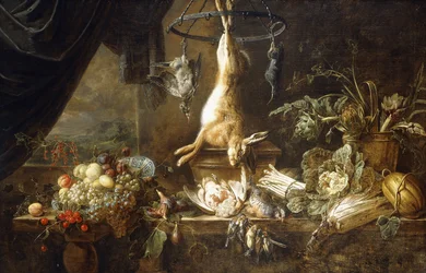 A Hare and Snipe Hanging from a Game-Ring, Fruit in a Wanli Kraak Porselein Bowl, Figs, Dead Partridges and Finches, Asparagus, Cabbage, Fennel and Artichokes in a Copper Pot on a Ledge by a Draped Casement