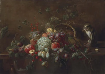 Grapes, Apples, Plums, Figs and Other Fruit on a Partly Draped Wooden Table, a Monkey Eating Walnuts by an Upturned Woven Basket