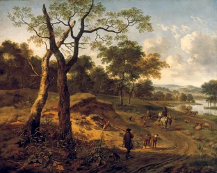 Wooded Evening Landscape with a Hunter and Dogs