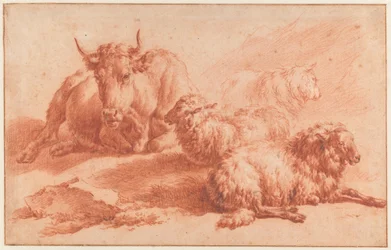 Reclining Cow and Three Sheep