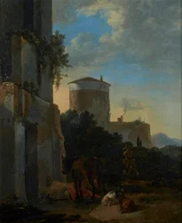 An Italianate Village Street with a Horse, Goats, and Man on a Donkey