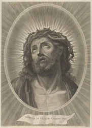 Head of Christ looking up with crown of thorns, in an oval frame, after Reni