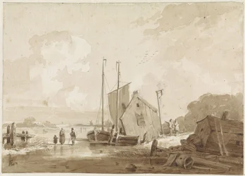 Winter Scene with Figures by Boats at a Boathouse