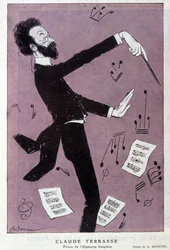 Cartoon by Claude Antoine Terrasse, French Composer: Prince of the Operette Francaise. In Fantasio. Drawing of Barrère