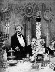 Banquet given by the Scandinavian colony of Paris in honor of the explorer Nils Adolf Erik Baron Nordenskjold (1832-1901) at the Hotel Continental. Present are: Count Kapnitz, Professor Nordenskjold, Prince Oscar of Sweden (1859-1953)