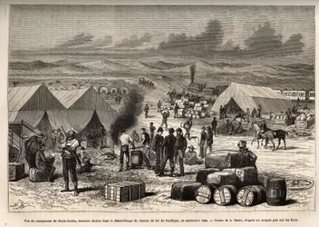 View of the Black Buttes camp, last station in the red desert (Mojave desert) of the Pacific Railway, in September 1868, engraving after the drawing of A.Marie, illustrating the voyage from Washington to San Francisco, in 1868, by L. Simonin, published in
