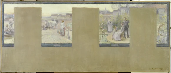 Sketch for the Town Hall of Nogent-sur-Marne: Boating - Plowing - Vacationing - Gardening, in 1889