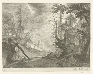 Three Hunters by a River in a Forest