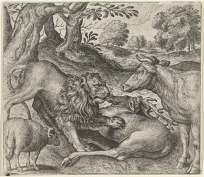 Fable of the Lion, the Cow, and the Sheep on the Hunt