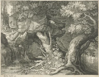 Travelers Above a Waterfall (Six Landscapes)