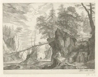 Drawer Sitting on a Stone in Front of a Bridge (series title: Mountain Landscapes from Tyrol)