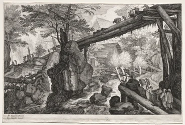 Eight Bohemian Landscapes: Landscape with Log Bridge over Cataract, c. 1610-1615