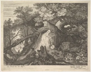 A Man Holding a Staff and Seated on a Tree Trunk, with Two Goats to Either Side
