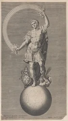Allegorical figure of a warrior standing on a globe with the papal coat of arms, ca. 1588-1629