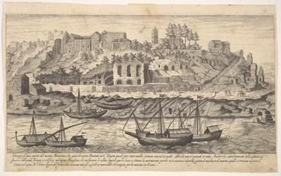 Plate 21: view from the west of ruins of the Aventine Hill, Rome, with boats on the river