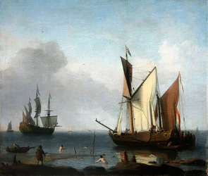 A Marine Painting: Dutch Chalks Moored Off a Beach