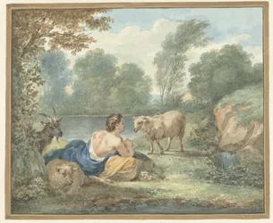 Shepherdess with Sheep in a Landscape with a Pond