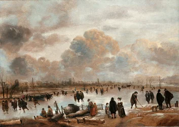 A Winter Landscape with Skaters and Townsfolk on a Frozen Waterway