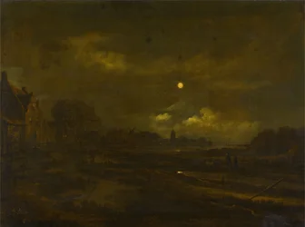 A Moonlit River Landscape with a Village, a Windmill and Church Beyond, with Travellers on a Path in the Foreground