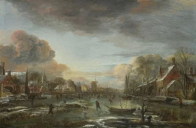 A Frozen River with Town in the Evening