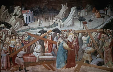 St. Helena digs to find the True Cross, from the Legend of the True Cross Cycle by Agnolo Gaddi, chapel of the Basilica of Santa Croce, Florence