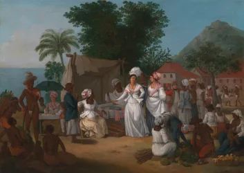 A Linen Market with a Linen-stall and Vegetable Seller in the West Indies