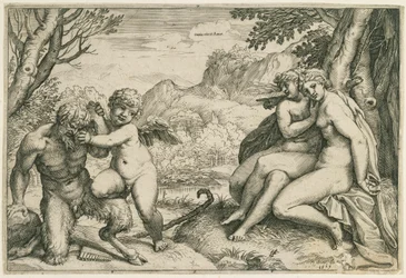 Love conquers all (Love overwhelms Pan, two nymphs on the right beneath a tree, in a landscape)