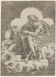 St. Matthew, Seated on a Cloud and Dipping a Quill into an Inkwell Held by an Angel..., ca. 1518-20