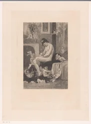 Nude woman on the edge of a bed surrounded by playing demons - The mother of the Satyrions