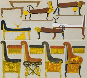 Ancient Egyptian furniture, lithography by Spiegel, from Le Costume Historique, Vol II, by Auguste Racinet
