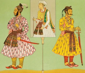 High dignitaries of the Moghul empire, lithograph by Chataignon from Historical costumes, Volume I, by Auguste Racinet (1825-1893), Paris