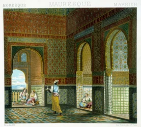 Interior of a Moorish house (Alhambra, room of the Blessing). Chromolithographic plate - in “Le costume historique” by Racinet