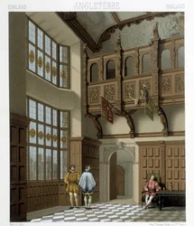 Interior of a stately house in England in the 18th century. Illustration in Le costume historique by Racinet