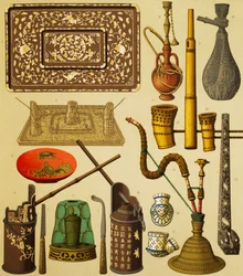 Pipe and objects used by smokers, lithograph from The Complete Costume History, first volume, by Auguste Racinet