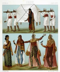 Transport and Traditional Feminine Costumes. Illustration in “Le Costume Historique” by Racinet